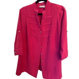 Kathy Che Button-Up Red Tunic Shirt 14/16W Mandarin Collar Roll Tab Sleeves